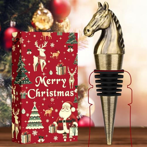 LULLEA Weihnachtsgeschenke Verpackt Pferd Weinflaschenverschluss, Weihnachtsgeschenke Pferde Geschenk für Männer Papa Frauen, Pferdekopf Bronze mit Weihnachtsverpackung und Weihnachtskarte