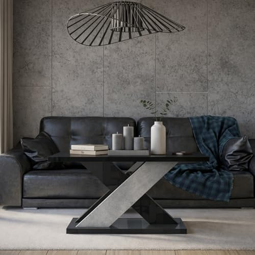PROROOM FURNITURE Xara MINI Moderner Sofatisch 110x70 cm 60 cm Höhe Minimalistischer Beistelltisch Glamour Stil Schwarz Hochglanz Betonoptik mit X-Basis