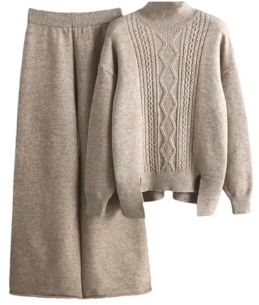 Fjnbbiot Damen Strickpullover-Trainingsanzug mit weitbeinigen Hosen, warmes, dickes, zweiteiliges Set, Einheitsgröße