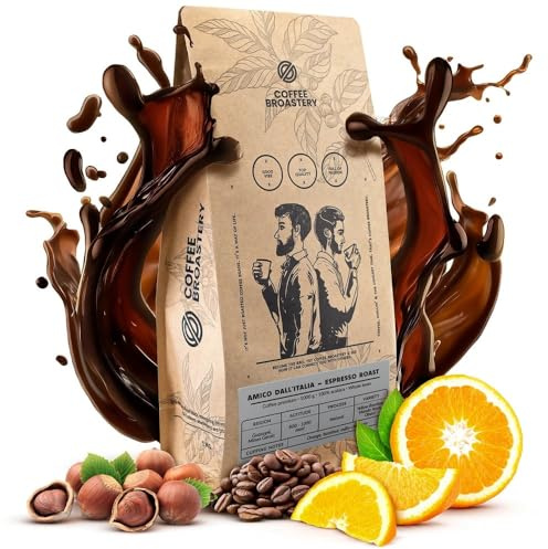 Coffee Broastery - Café en Grains Amico dall'Italia Espresso 1kg - Arabica de Spécialité Torréfié - Notes de Chocolat au Lait, Noisettes et Orange - Idéal pour Machine à Expresso et Café Filtre
