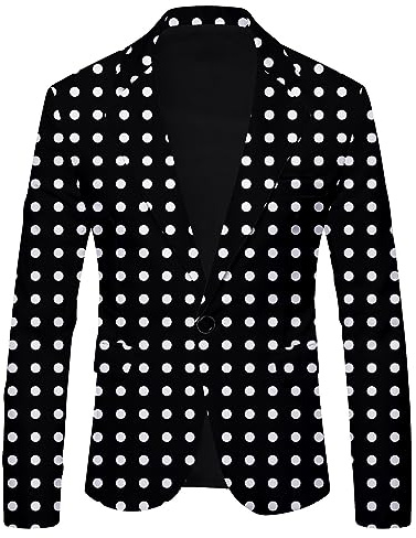 Blazer noir et blanc à pois – Veste de costume simple et décontractée pour Noël Grande taille Imprimé à carreaux Costume britannique Cosplay Manteau d'affaires, fête de mariage Vêtements d'extérieur