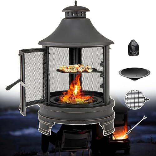 WEIMILOR Foyer extérieur à Bois avec cheminée, cheminée en métal de 30 Pouces avec Grille, Couvercle de cheminée et Porte Pare-étincelles, tisonnier, Foyer pour Patio, Jardin, arrière-Cour