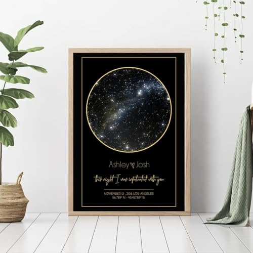 Quadro su tela con mappa stellare e cielo notturno, regalo di nozze, decorazione artistica da parete per camera da letto, decorazione per la casa, con cornice, regalo personalizzato (A4 (24 x 33 cm)