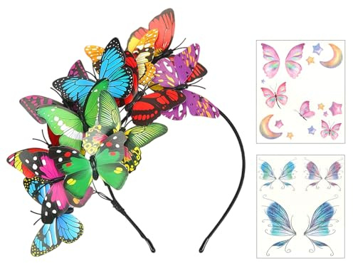 O-Kinee Schmetterling Haarreif,Schmetterlinge Kopfschmuck und 8 Stück Haarspangen,Braut Stirnband Haarband,Fasching Fascinator Haarreifen,Fee Haarschmuck für Frauen Karneval Accessories Mädchen Damen