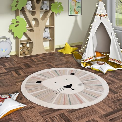 Pergamon Happy Kids Kinder Löwe Bunt Rund – Weich, Strapazierfähig & Schadstoffgeprüft – Hoch-Tief-Struktur, 100% Polypropylen, Pflegeleicht, rutschfest – Perfekt für Kinderzimmer