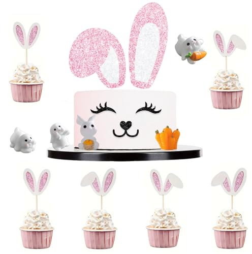 Décoration de gâteau avec oreilles, Décoration Gâteau Pâques Éblouissante - Ensemble Complet de Figurines et Accessoires pour Gateau Paques Comestible, Idéal pour Fêtes Thématiques
