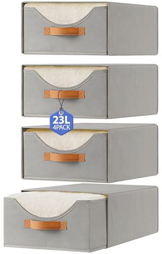 Baesyhom 4 Pcs 16.5 Closet Drawers and Large Size Clothes Storage Bins Push-Out Storage Stackable Shelf Drawers with See-Through Window Closet Organizers for Bedroom, Living Room, Under Bed, Grey
