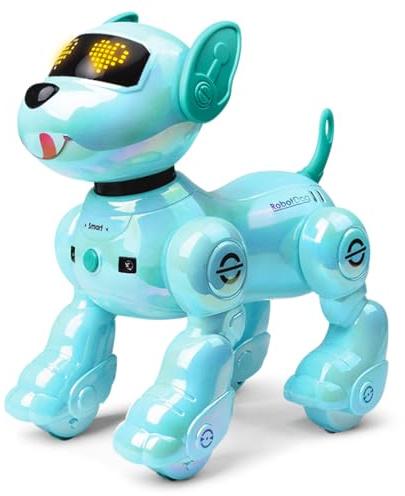 VATOS Perro Robot Recargable para Niños, Perro Robot con Control Remoto, Programable,17 Funciones Interactivas y Volumen Ajustable; Juguete de Cachorro Robot Que Canta y Baila, Regalo para Niños,Azul