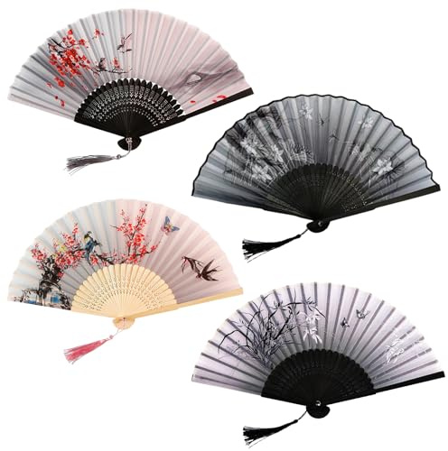 4 Stück Faltbarer Handfächer,Fans mit Quaste Faltfächer,chinesische Faltfächer,Vintage Bambus Fächer,Sommer-Geschenkidee und Kostümzubehör für Geburtstag,Party