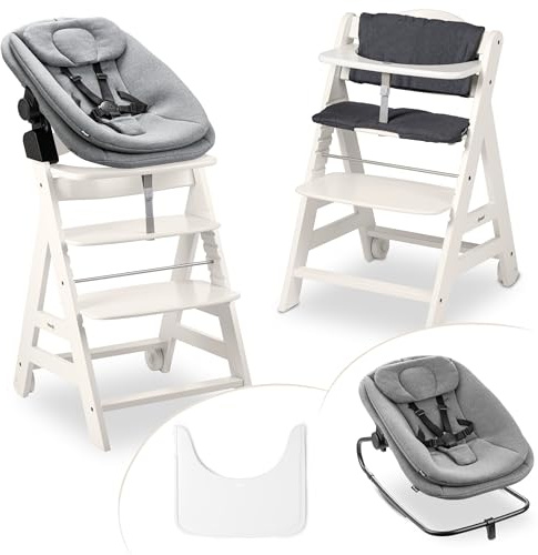 hauck Beta+ Hochstuhl Newborn Set mit Highchair Bouncer - Weiß | Mitwachsender Holz Kinderhochstuhl mit Rollen ab Geburt bis 90 kg | inkl. Neugeborenenaufsatz, Essbrett & Sitzkissen