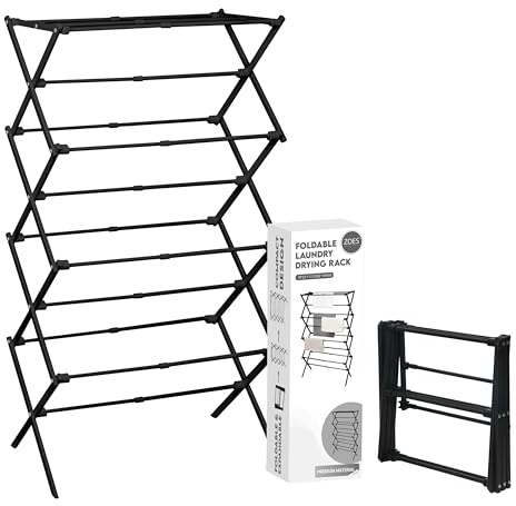 ZOES HOMEWARE 4-Tier Clothes Drying Rack, 4ft High Foldable Drying Rack Clothing for Indoor & Outdoor, Portable Collapsible Laundry Dryer for Laundry Room and Apartment, Black 29 L x 49 H x 11.5 W