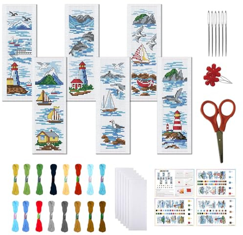 FREEBLOSS 6 Set Kreuzstich Lesezeichen Set Gestempeltes Kreuzstich Stickset Zum Thema „Ozeanblick“ Mit Anleitung Für Erwachsene 8'' x 2.4''