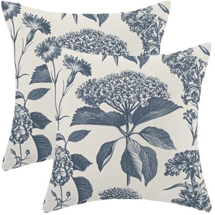 Sorktse Vintage Blue Floral Pillow Covers 18x18 Inch Set of 2 Boho Hydrangea Flowers Throw Pillows Outdoor Decorative Farmhouse Herbs Botanical Pillowcase Linen Cushion Cases for Bed Sofa Couch