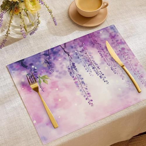 Dreamy Vines Print Placemats Set of 6 45x30cm Brown Flowers Floral Cotton Linen Table Mats for Kitchen Dining Modern Room Indoor Outdoor Party Home Decor Purple