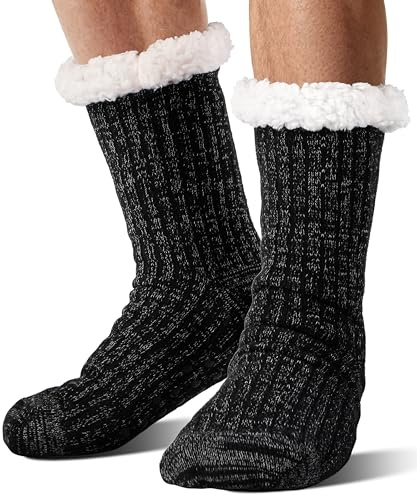 SAVALOS Men Fuzzy Slipper Socks Winter Thick Warm Fluffy Cozy Comfy Fleece Soft Cabin Non Slip Stocking Stuffers Home Grip Socks(Black,L)