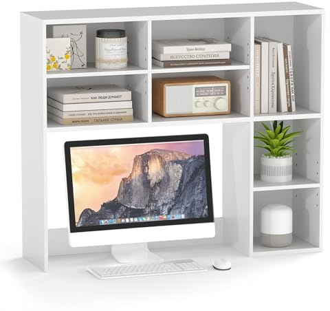 FANTASK Scaffale da tavolo con 7 scomparti, libreria, scrivania da appoggio per monitor fino a 27, organizer da scrivania per piano di lavoro, 94 x 25 x 79 cm (bianco)