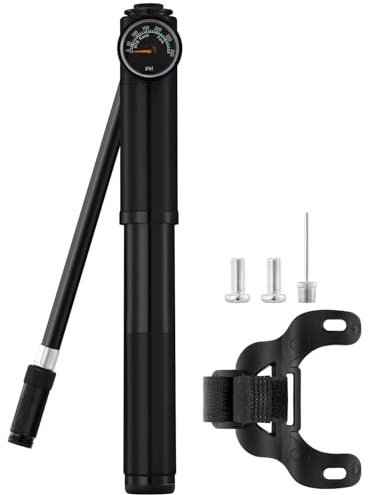 JULAI Mini-Fahrradpumpe mit Manometer, tragbare Rahmenpumpe, Stoßpumpe für Gabel und Hinterradaufhängung, passend für Presta- und Schrader-Ventile, für Rennräder, Mountainbikes, BMX-Hochdruck 300 PSI