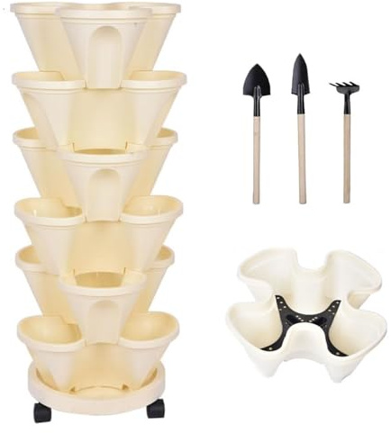 Macetas para Cultivo de Fresas, Maceta para Fresas Vertical, 6 Niveles Huerto Vertical para Fresas, Hierbas, Flores y Verduras, Jardín Vertical, para Interiores y Exteriores,F