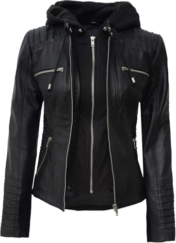 MERCH ATTIRE Blouson bomber en cuir pour femme avec capuche – Vêtement d'extérieur élégant en cuir véritable – Fermeture éclair rétro pour l'automne et l'hiver, Noir - Cuir véritable., M