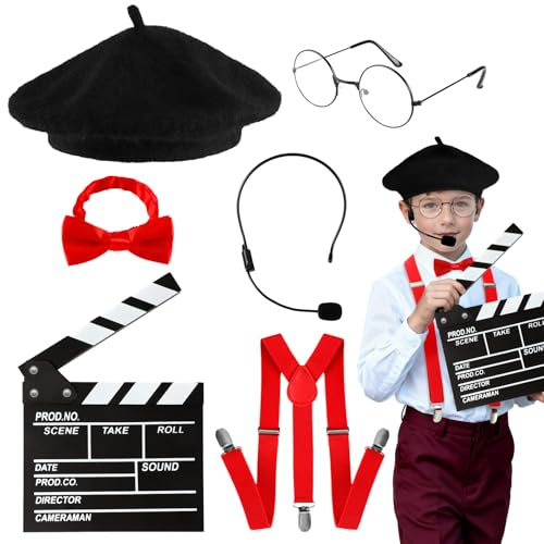 Filmregissörskostym tillbehör för barn, regissör maskeradkit med basker hatt klapperbräda hängslen fluga mikrofon headset rekvisita glasögon för filmkväll fest halloween karneval kostym rekvisita