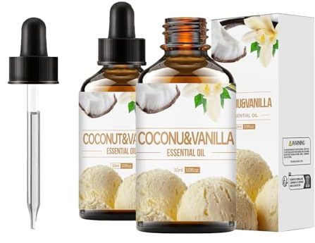Kokosnussöl, Naturrein Kokosnuss Aroma Öl, Kokosnuss Vanille ätherisches Öl, mit Vanille Extrakt, für Diffusor, Entspannen, Massage, Bad, für Haut, Haarpflege und Körper (2 pcs)