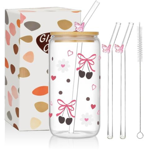 COEWUR Iced Coffee Cups Set, 16 oz Bow Glass Cups with Lids and Straws | Pink Flower Bow Cute Glass Tumbler, Gifts for Women Girls Friends Drinking Coffee Tea Cocktail