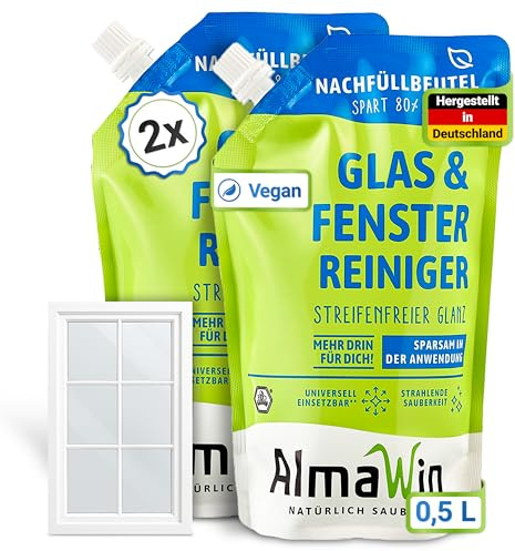 AlmaWin® Glas & Fenster Reiniger Nachfüllbeutel [2x 0,5L] für streifenfreien Glanz - Glasreiniger ideal für Fenster, Spiegel, Auto & Mehr - Glas & Fensterreiniger Spray - 100% Natürlich & VEGAN