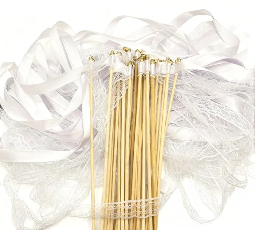 JEKRWNOY 50 Stück Wedding Wands Weiß,Wedding Wands Hochzeit mit Glocke,Zauberstäbe Hochzeit Luftschlangen,Zauberstäbe Seidenfeenstab für Hochzeiten,für Hochzeiten, Geburtstage, Weihnachten, Partys