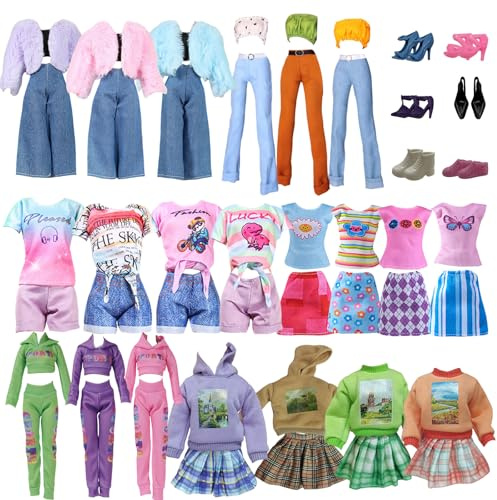 20 Stück Kleidung und Zubehör für 11.5 Zoll Puppen, Fashion Puppen Outfit mit Kapuzenpullover Karierter Rock Plüschmantel Kurzes Oberteil Hosen Sets Bedruckte T-Shirts Tasche Schuhe Geschenke