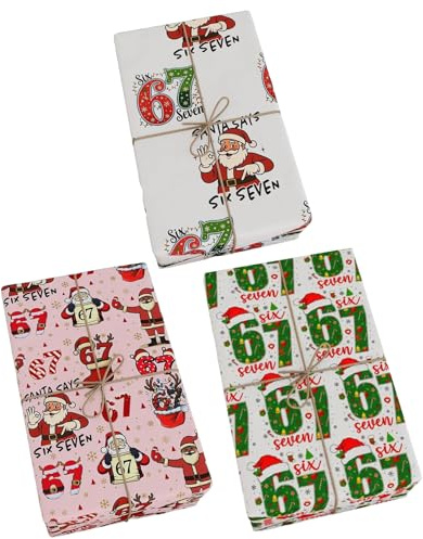 Lot de 3 rouleaux de papier cadeau de Noël drôle 6 7 résistant aux déchirures 70 x 50 cm Papier d'emballage de Noël Fournitures de fête de Père Noël Fournitures de papier d'emballage pour