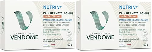 LABORATOIRES VENDÔME - NUTRI V+ - Pain Dermatologique Huile D'Abricot - Corps & Visage - Nettoie En Douceur & Nourrit - pH Neutre & Sans Savon - Haute Tolérance - Peaux Sèches À Très Sèches - 100g