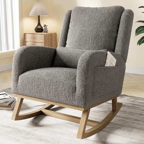 ADWOLT Schaukelstuhl Sessel Relaxsessel Schaukelsessel,Stillstuhl Schwingstuhl mit Teddystoff und Lendenkissen und 2 Seitentaschen, Bequemer Lesesessel für Wohnzimmer,Grau