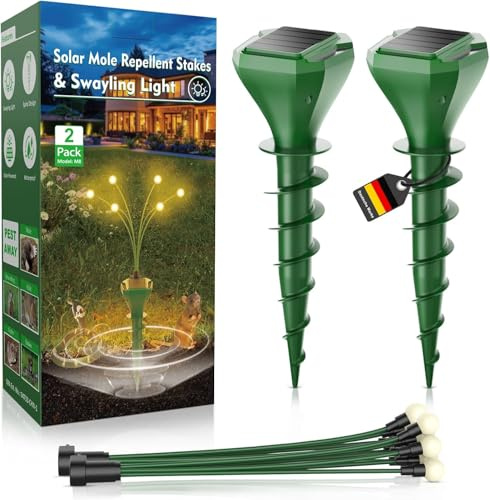Maulwurf Vertreiber, 3 Modi Solar Katzenschreck für Garten, 2 Stück Maulwurfschreck mit LED-Licht, IP65 Wasserdicht Marderschreck Wirksam gegen Wühlmäuse, Wühlmausfalle, Maulwurffalle, Ratten, Mäuse
