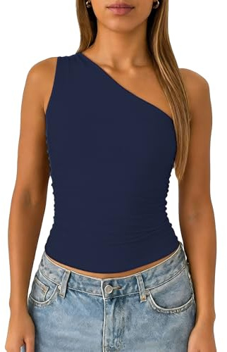 ForeFair Women One Shoulder Going Out Tank Top Double Lined Ruched Sleeveless Y2k Cute Summer Top(Navy Blue,S)