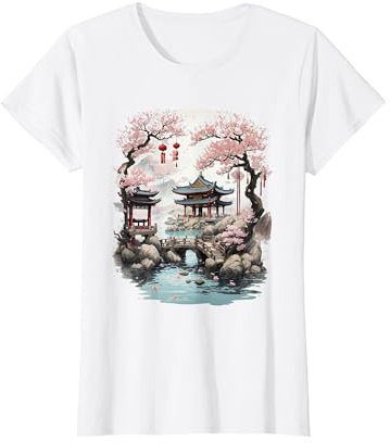 Paysage Japonais Chinois Temple Art Fleur de Cerisier T-Shirt, Femme, Blanc, L