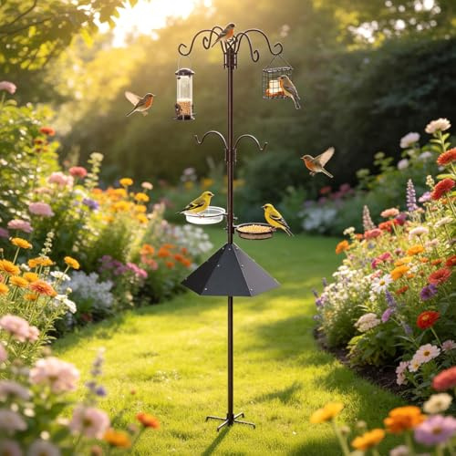 83 Bird Feeding Station Kit with Metal Squirrel Baffle, Heavy Duty Metal Bird Feeding Station with Seed Tray＆Mesh Basket, Easy Assembly Ground Mounted Bird Feeder Pole for Garden Yard Outdoor