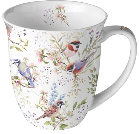 Ambiente Bone China Tasse mit Vogelmotiv, Porzellan Becher, 400ml, Busy Birds Design, 10 cm Durchmesser, Weiß mit Blumen und Vögeln
