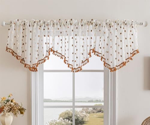 Yaland Jacquard Querbehang Transparente Triangle Scheibengardine mit bunten Pompons, Dreieck-Vorhang mit Quastenrand 3 Stücke Kaffee HxB 60x140cm