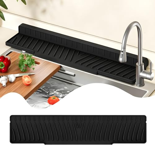 Linpr Silicone Faucet Splash Guard, Kitchen Sink Mat, Black, 22.8 x 4.7 | Narrow Foldable Faucet Drain Mat, Draining Mat for Sink Protector, Bathroom Kitchen Sink Countertop Drain and Storage