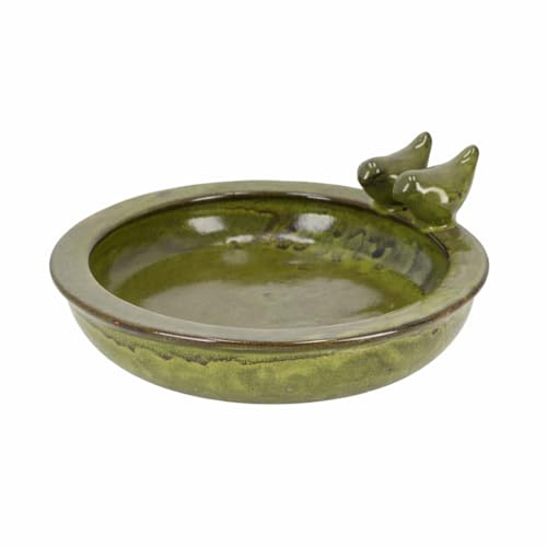 Vogeltränke aus Terracotta mit 2 Vögeln, grüne Dekoschale für Garten, Balkon und Terrasse, Vogelbad/Wasserschale im dekorativen Design, 28,9 x 26,9 x 10,8 cm