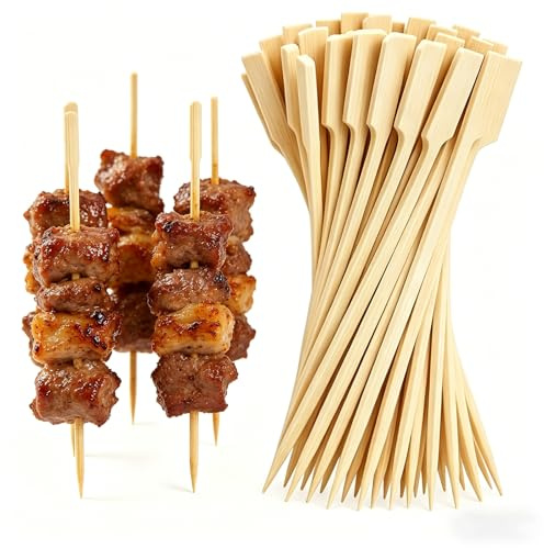 Bamboo Paddle Skewers 12cm, 200 Pack Wooden Skewers for Kebabs, BBQ Barbecue Skewers, Burger Sticks, Cocktail Picks and Sticks for Appetizers, Buffet and Grill Party