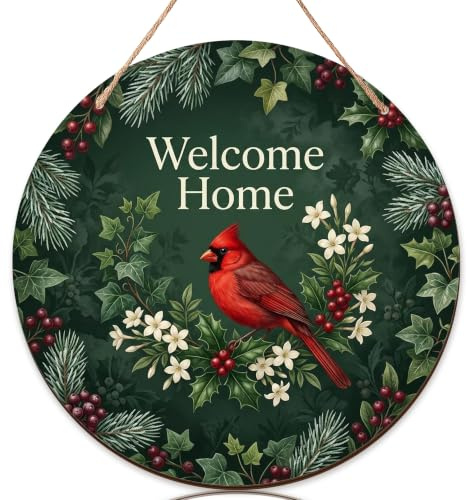 Cardinal Willkommensschild für Haustür, Winter, natürliche Stechpalme, Kiefer, Wintergrünes Holz, Türhänger, Willkommensschild, Frontdekoration, Outdoor-Dekorationen, 1 Stück