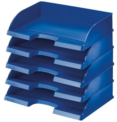 Leitz 52180035 Lot de 5 corbeilles à courrier format paysage A4 de qualité supérieure - Compartiments de rangement empilables comme organisateur de bureau - Combinable avec la série Plus - Bleu