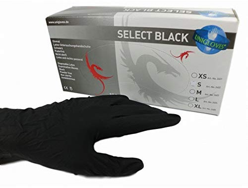 UNIGLOVES - Robuster SELECT® BLACK Latexhandschuh | Puderfrei & lebensmittelecht | Schwarze Einweghandschuhe zum Kochen, Tätowieren uvm. | 100 Stück | Einmalhandschuh XS
