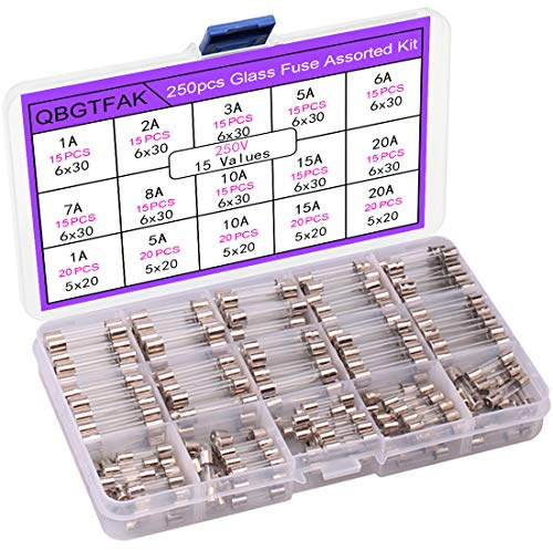 QBGTFAK 15 Values 250 pcs Fast-Blow Glass Fuses Assortment Kit 6x30mm 250V 1A, 2A, 3A, 5A, 6A, 7A, 8A, 10A, 15A,20A, 5x20mm, 250V 1A, 5A, 10A, 15A, 20A amp packag in a Clear Plastic Box