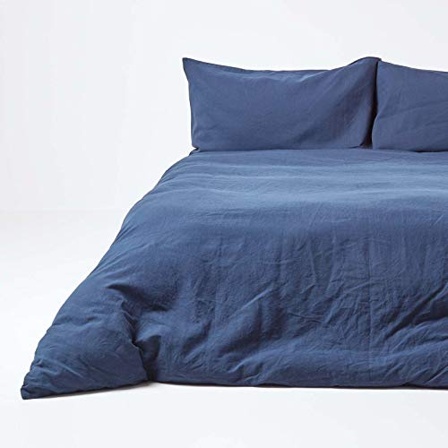 HOMESCAPES Parure da letto in lino lavato con copripiumino 200 x 200 cm e 2 federe 50 x 75 cm, colore blu navy