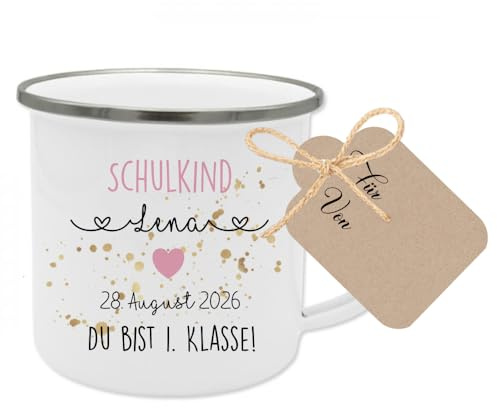 Einschulung Mädchen Geschenk - Tasse Einschulung Du bist 1. Klasse mit Name und Einschulungsdatum für Jungen und Mädchen Schulkind 2026 Emaille Tasse Manufaktur Liebevoll