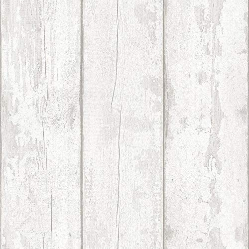 White Washed Wood Panel Effect Wallpaper Worn Distressed Grey White Y�L