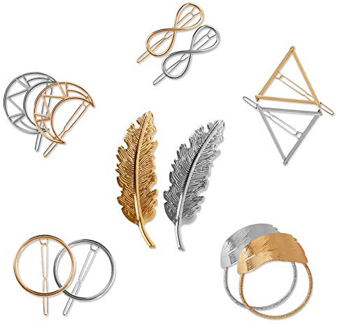 Metall Haarklammern Frauen Haarspangen Haarnadeln Blatt Feder Kreis Dreieck Infinity Moon Gestalten Haar Pin Spangen Schönes Haarspange für Mädchen Dickes Haarstyling 12 Stück (Gold und Silber)