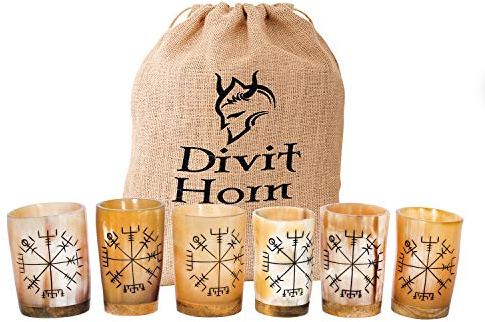 Divit Horn Taza vikinga auténtica de cuerno de cerveza medieval, jarra de cuerno de cerveza de 24 onzas de capacidad, vaso de chupito blanco, pulido (juego de 6))